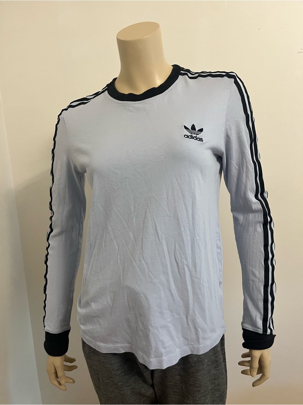 adidas Light Blue Long-Sleeve Crew with Black Trim and Stripes